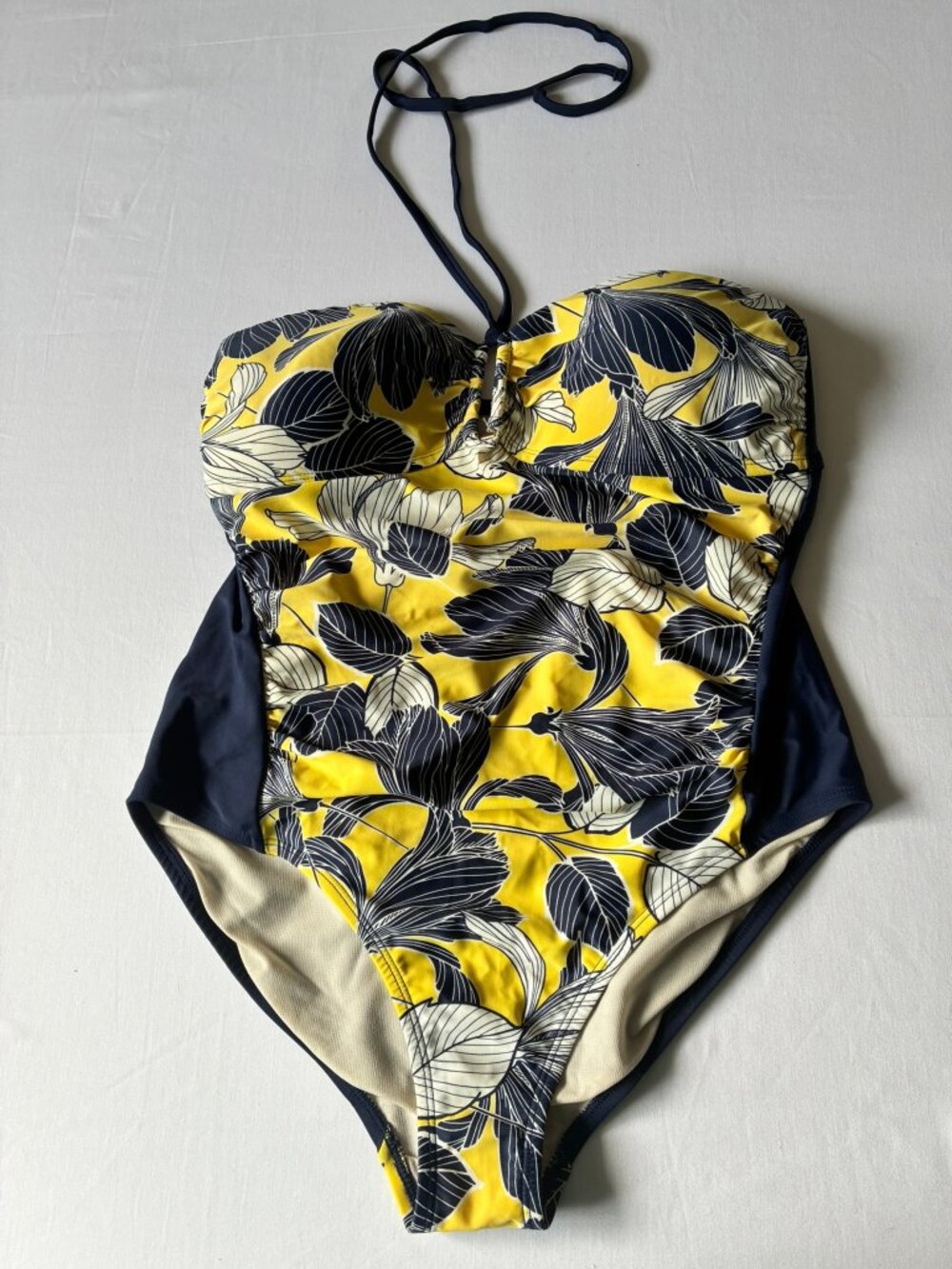 MERONA Women's Neck Tie One-Piece Swimsuit Navy Blue & Yellow, Size Large